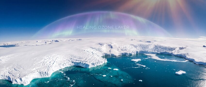 Aerial view of melting polar ice caps with an ozone healing layer above the icy landscape under sunlight with melting icebergs visible illuminated sunlight