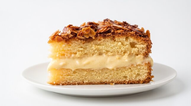 German Bee Sting cake with pastry cream and caramelized almond topping. Isolated on White background