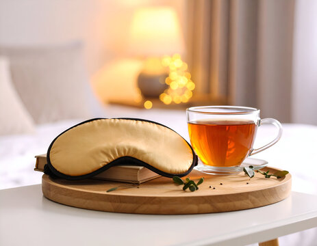 Silk sleep mask on a book next to a glass cup of tea on a wooden tray. Cozy bedroom interior setup for relaxation and wellness, soft evening ambient lighting.