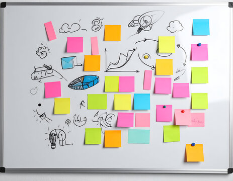 Whiteboard covered with colorful sticky notes and hand-drawn doodles, including charts, light bulbs, and clouds. Office brainstorming tool for project planning.