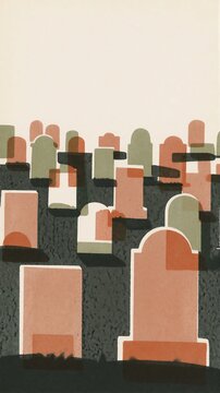 Abstract graveyard scene with layered tombstone shapes in muted earth tones memorial design