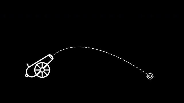 A schematic animation of the aiming process of a cannon or gun, showing the change in the gun's elevation angle and, depending on this, the change in the flight range of the projectile or cannonball.
