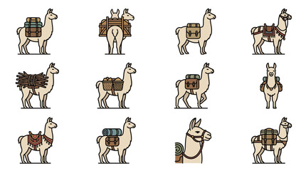 Naklejka premium Llama and alpaca character icons carrying various loads.