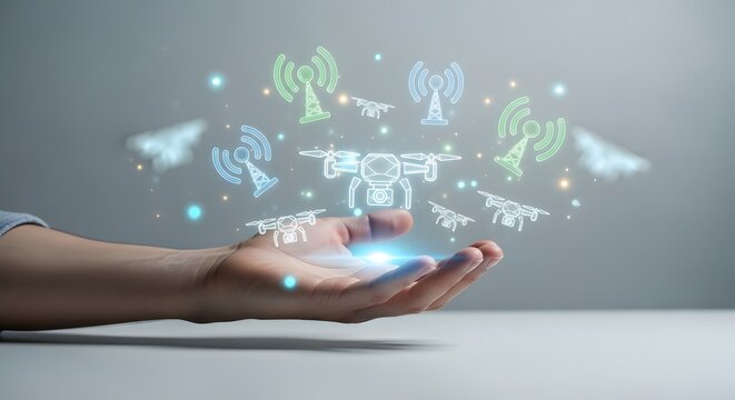 Hand holding glowing digital drone and wireless connection network symbols representing advanced remote flight control technology concepts