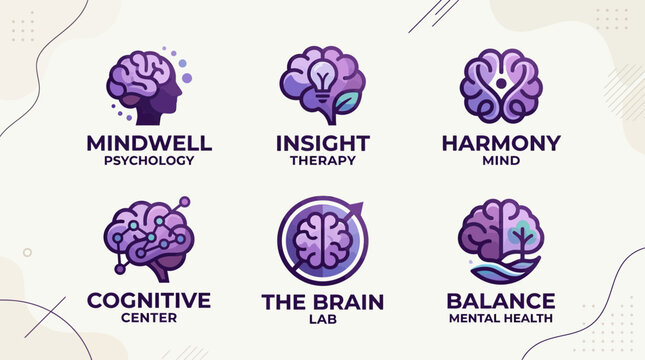 Purple brain logos for psychology and mental wellness.
