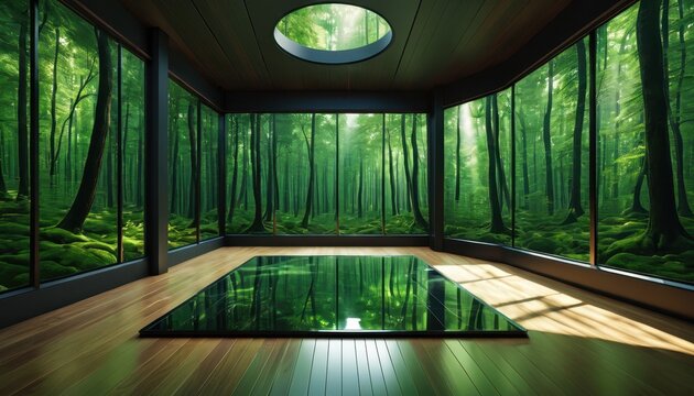 Modern Indoor Room with Floor-to-Ceiling Windows Displaying Forest View