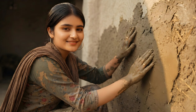 Pakistani woman applying mud plaster to own rural house wall