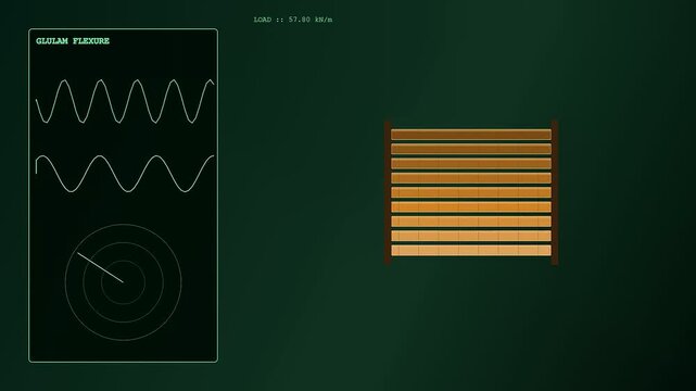 A structural analysis of mass timber panels undergoing stress testing cycles inside a digital laboratory monitoring interface displaying wave patterns and circular vector radar measurement graphics