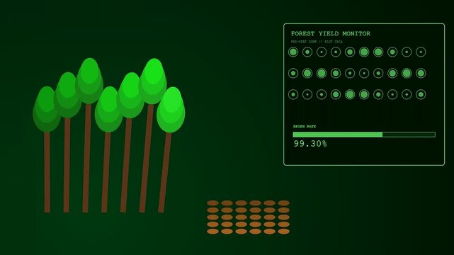 Forest yield monitor display showing mass timber growth metrics and shifting digital tree icons with green data interfaces tracking the agricultural development process in modern time