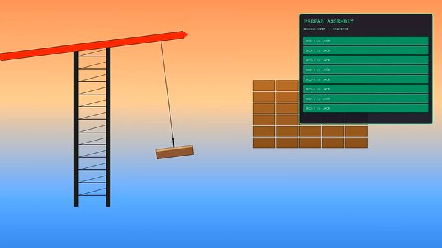 Industrial crane assembling mass timber structures during a sunset with a digital interface panel tracking the modular construction progress in a simplified graphical game environment