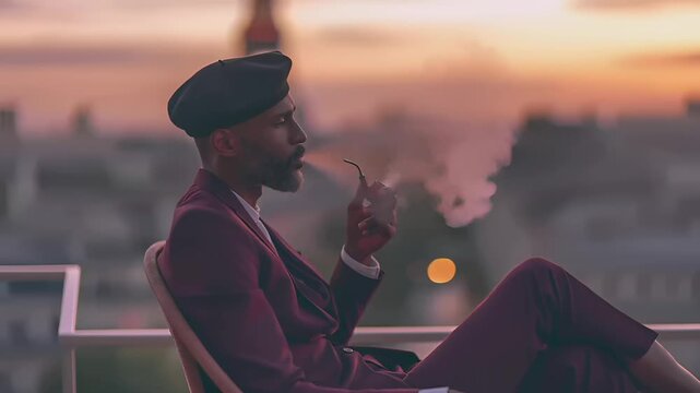 Paris, France, Europe. A man in a burgundy suit and beret sits on a balcony overlooking the Eiffel Tower at sunset. He exhales smoke from a pipe, his posture relaxed and contemplative.