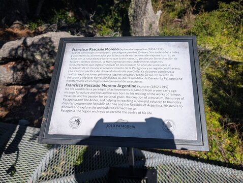 Spegazzini Glacier, Argentina - March 11, 2026: interpretive panel about explorer Francisco Pascasio Moreno