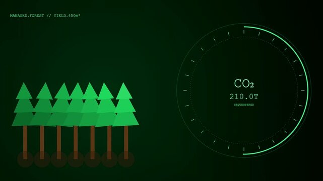 Mass timber inventory tracking animated display with circular progress bar showing forest yield volume growth and sequestered carbon emission data statistics in a dark green interface