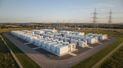 An aerial view of a large-scale industrial battery energy storage system facility at dusk with power transmission pylons in the background. © artvibi