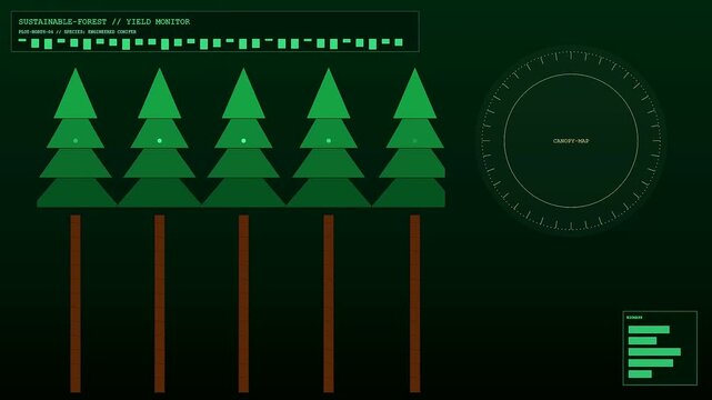 Digital displays showcasing mass timber forest management with pine tree icons and circular navigation charts depicted on a dark green user interface for forestry observation