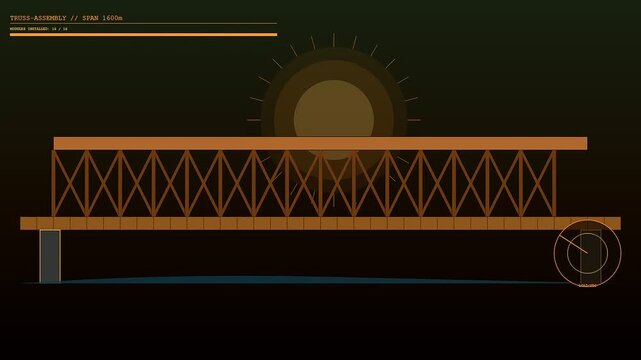 A mass timber bridge assembly sequence animation showing modular structural components connecting together in stages to form a complete span over a dark void background