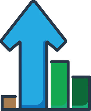 Blue arrow pointing up with green bar chart growth icon for business success