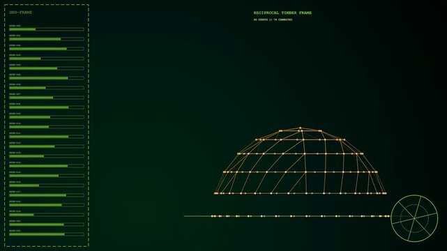 A wireframe rendering of mass timber dome structure emerging from digital data bars in a dark green interface showing architectural design construction progress and structural wire mesh