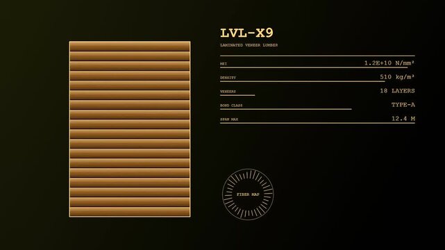 Industrial mass timber structural data presented on a dark digital interface showing layers density and span metrics for advanced architectural engineering and sustainable construction projects