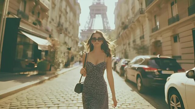 Paris, France, Europe. A vivid portrayal of a woman walking down a cobblestone street in Paris, with the Eiffel Tower visible in the background. She wears a sleeveless.
