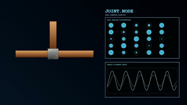 A structural mass timber junction displays real time digital data analysis of connection stress and beam tension through holographic user interface displays in dark space