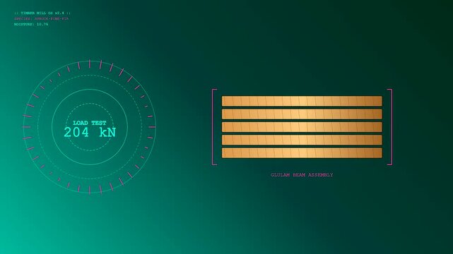 A sequence showing mass timber beam load testing analysis with digital green interface circles displaying force metrics for structural engineering and material science construction testing procedures