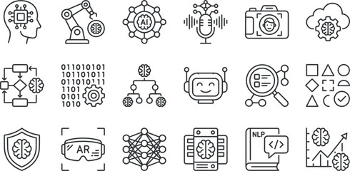 Fototapeta premium Artificial intelligence and machine learning line icons set featuring neural networks robotics and automation