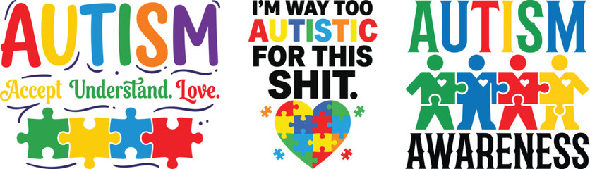 Naklejka premium Autism Awareness Quotes with Colorful Puzzle Heart and Figures