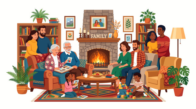 Happy multi generational diverse family gathering in cozy living room with fireplace and houseplants flat vector art style