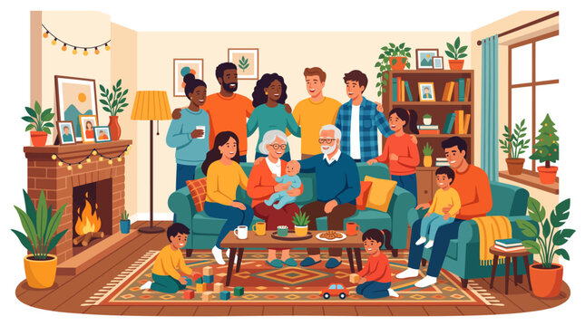 Multi generational diverse family gathering in cozy living room with stone fireplace looking at photo albums and playing in warm flat vector illustration
