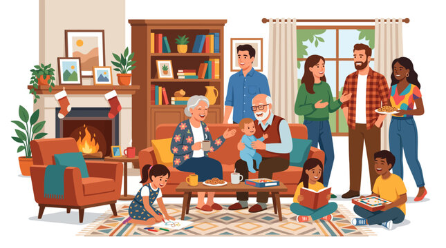 Happy multi generational family relaxing together in cozy living room vector illustration with grandparents and golden retriever dog