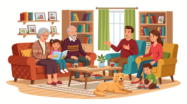 Multi generational diverse family gathering for reunion in cozy living room with grandparents and children sharing memories and laughter flat vector illustration