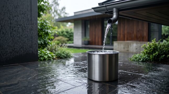 Stainless steel rainwater collection container fills with water flowing from a gutter downspout