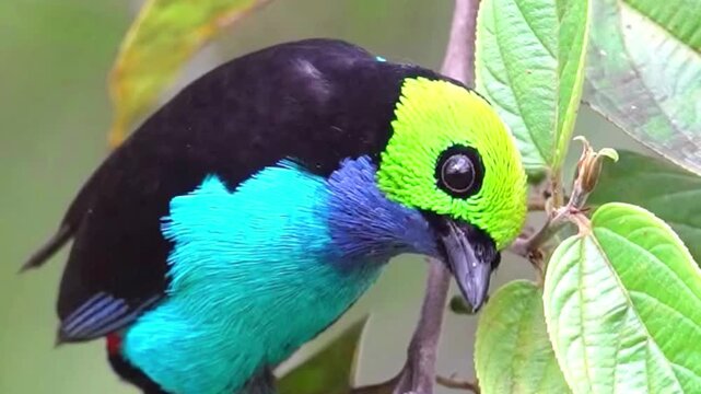 Colorful tropical tanager bird perched on a branch in the rainforest jungle habitat