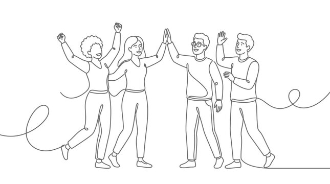 Continuous line drawing of diverse team celebrating success