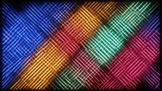 Colorful neon light lines forming an abstract diagonal grid pattern in this dynamic digital motion animation for background visual effects