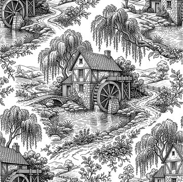 Seamless pattern of rural landscape with water mill and willow trees in an engraved vintage style. Detailed black and white vector illustration for textile and wallpaper design.