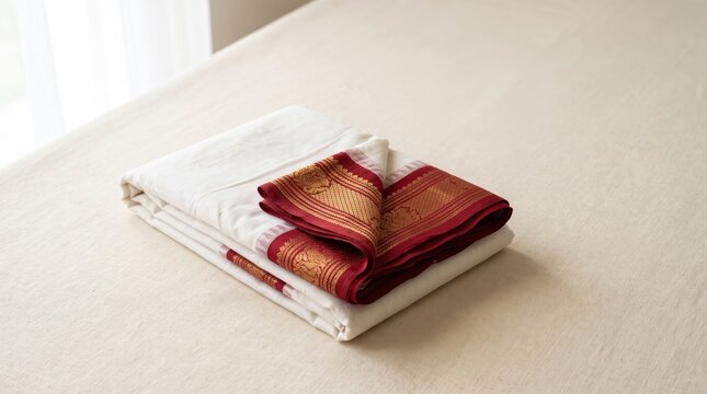 Folded white saree with red and gold border on beige fabric