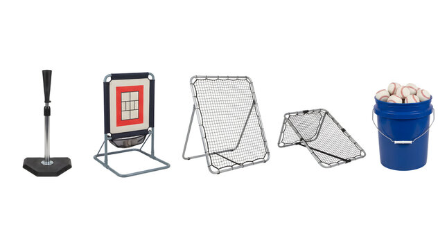 Baseball training equipment set, professional practice nets and batting tee, bucket of baseballs for sports coaching