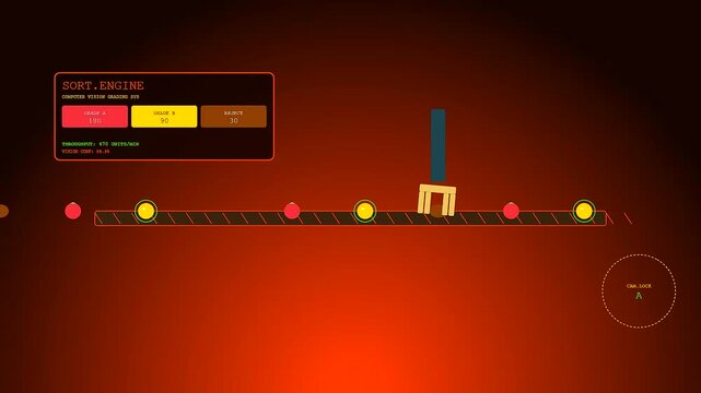 A farm robotics system operates on a conveyor belt sorting spheres while a digital interface displays numerical data counts in an orange tinted monitor view