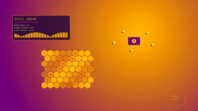 Digital displays showcasing farm robotics technology during an automated agricultural monitoring process with changing grid layouts and data nodes flickering across a warm yellow gradient background