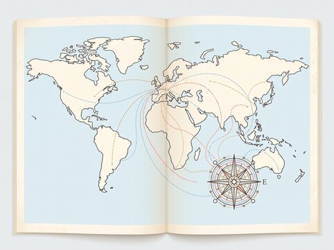 Hand drawn world map illustration with travel routes spread across two pages of an open book geography illustration