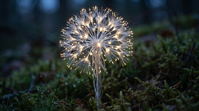 A glowing dandelion shaped LED light decoration standing in the mossy forest floor at twilight.
