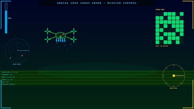 A view of farm robotics interface showing drone flight data paths and green grid mapping modules for automated agricultural monitoring on a digital computer display screen