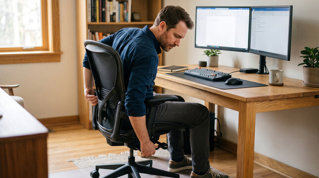 Man adjusting ergonomic office chair while working at a wooden desk with dual monitors