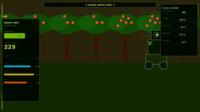 Innovative farm robotics systems monitoring fruit harvesting progress across orchard fields as autonomous machines navigate through rows of trees to collect apples with digital analytical interfaces