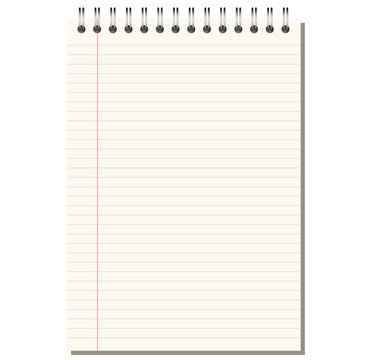 Ivory college ruled notebook page shows blue horizontal ruling plus red margin, top wire binding, and upright portrait format on light gray background. Suitable for schoolwork, planning, stationery