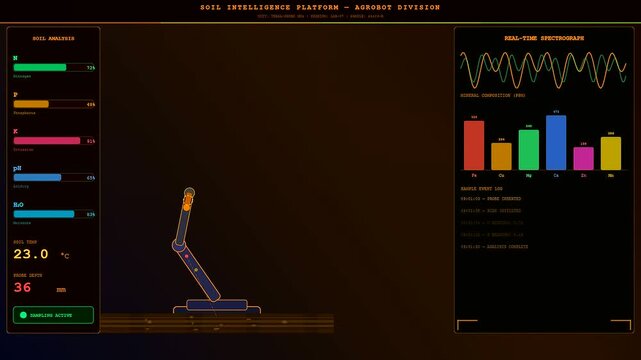 Data visualization of farm robotics displays probe sampling status across three monitoring windows showing changing mineral levels and thermal metrics on a dark digital computer interface
