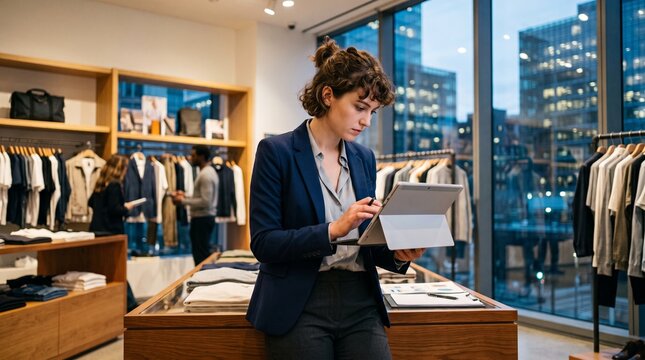 Fashion store manager using tablet to check inventory and sales data in a modern retail environment