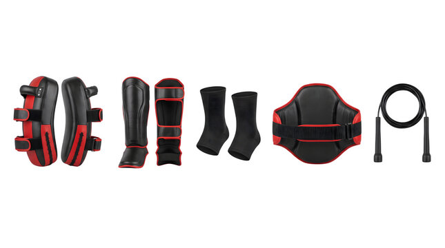 Muay Thai combat gear set, professional kickboxing protective equipment, black and red martial arts training accessories on white
